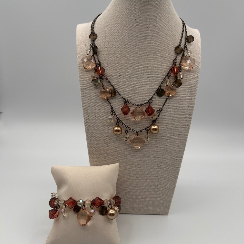 Premier Designs Layered Necklace Bracelet Set Bronze Tone Brown Clear Beaded 18"